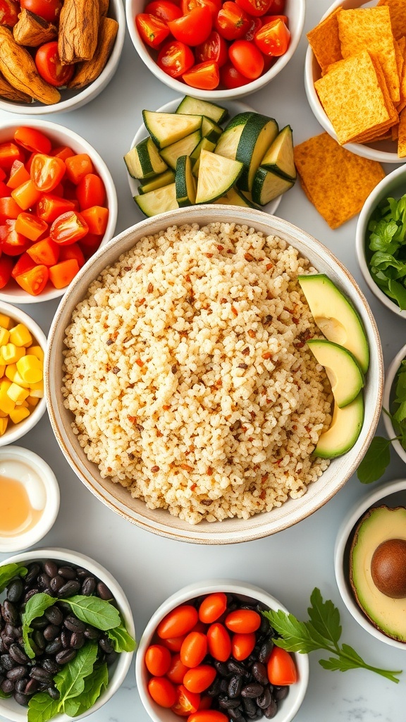 A colorful quinoa bowl bar with various toppings including roasted vegetables, black beans, avocado, and greens.